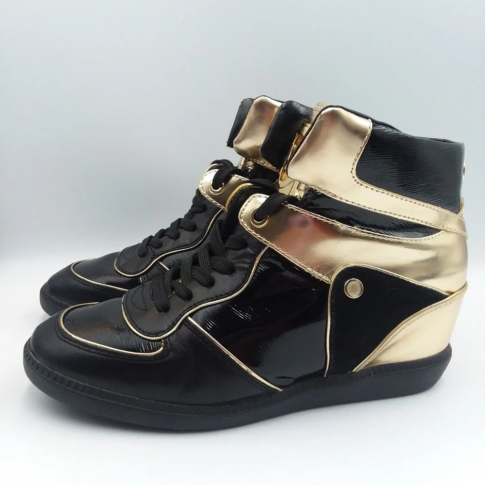 Michael Kors Nikko High-Top Wedge Sneakers Black Gold Patent‎ Leather Women's 8M